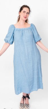 Linen Dress with Gathered Neckline