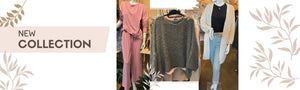   Women’s fashion new collection featuring a pink loungewear set, cozy grey sweater, and casual cardigan outfit with jeans displayed on mannequins. 