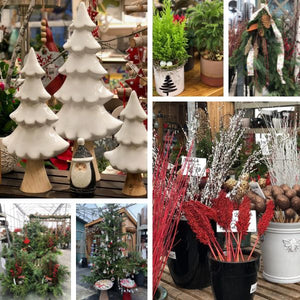  Collage of Christmas-themed decorations including ceramic trees, potted plants, and festive items. 
